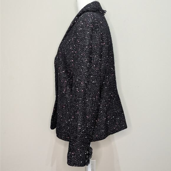 Apostrophe Black & Pink Wool Blend Tweed Fringed Collar Button Up Blazer Size 14 - Picture 3 of 8